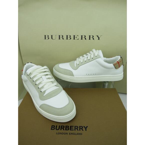 NIB BURBERRY ROBIN WHITE BEIGE CHECK LEATHER LOW LOGO SNEAKERS US 7 40 IT $870 - Picture 10 of 13